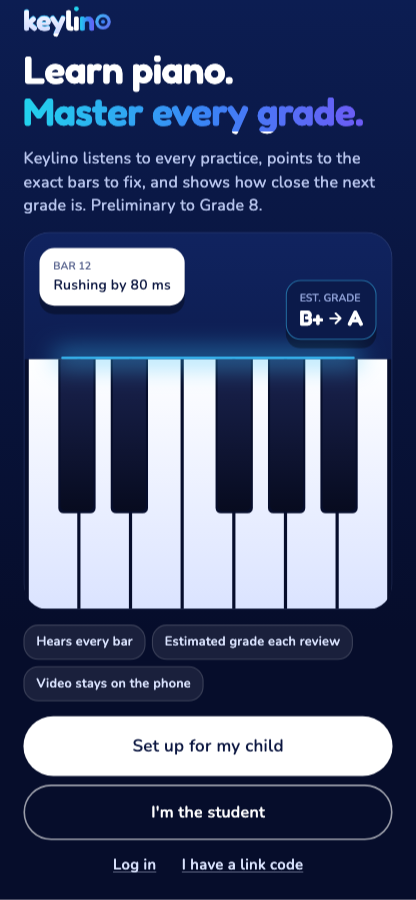 The Keylino app: practise smarter, grade higher, with feedback such as 'Bar 12, rushing by 80 ms' and an estimated grade.